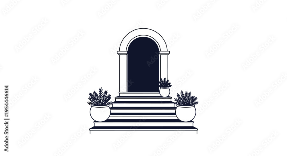 Fototapeta premium Elegant arched doorway with potted plants and stone steps depicted in blue