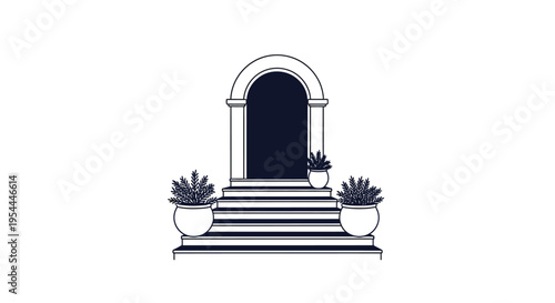 Elegant arched doorway with potted plants and stone steps depicted in blue