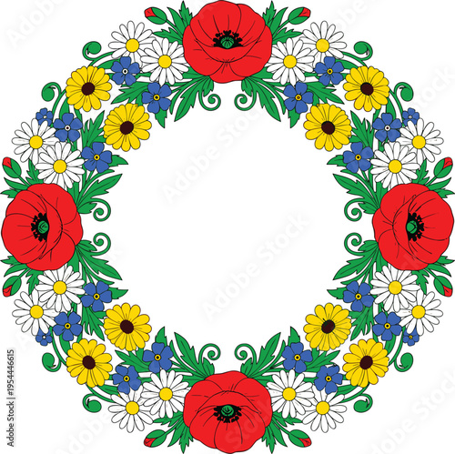 A vibrant floral wreath featuring red poppies, yellow daisies, and blue forget-me-nots arranged in a circular pattern, perfect for decorative use and spring themes