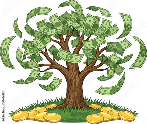 A vivid illustration of a money tree shedding dollar bills onto gold coins, symbolizing financial abundance, successful investments, wealth accumulation, and continuous prosperity