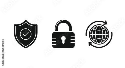 Security icons depicting shield lock and globe black silhouette
