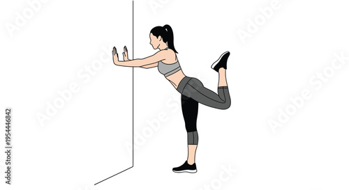 Woman performing a hamstring stretch against a white wall