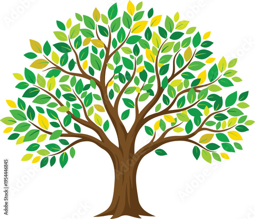 Graphic depiction of a mature tree with a sturdy brown trunk and a dense crown of various shades of green and yellow leaves, ideal for conveying themes of nature, environment, and life