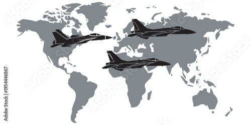 Three military jet planes flying over gray world map icon eps 10 