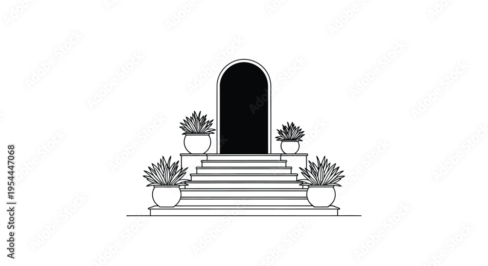 Fototapeta premium Simple line drawing of a doorway with steps and potted plants
