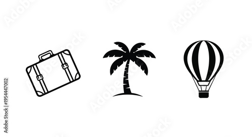 Travel icons featuring a suitcase palm tree and hot air balloon silhouette