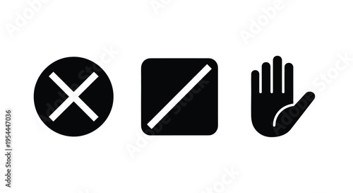 Three black icons representing denial editing and a stop hand silhouette