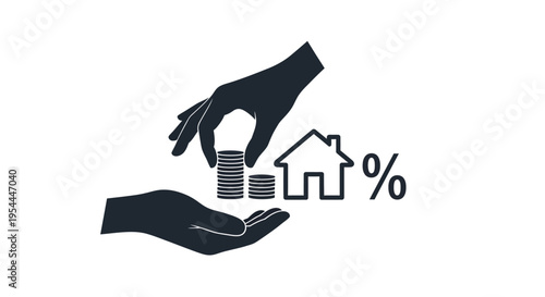 Hands exchanging coins near a house with a percentage symbol