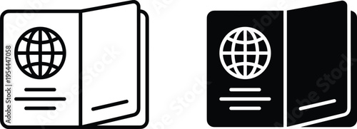 Simple vector icons depicting an open passport, symbolizing international travel, border crossings, and personal identification documents