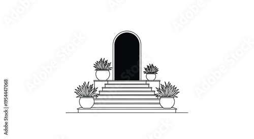 Simple line drawing of a doorway with steps and potted plants