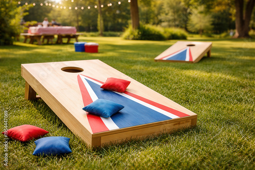 Red and white cornhole toss game with beanbags