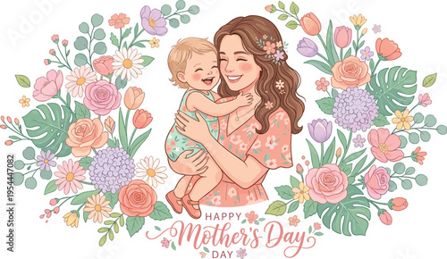 Joyful illustration of a mother holding her happy baby, framed by a beautiful pastel floral wreath, symbolizing love, family, and the celebration of Mother's Day