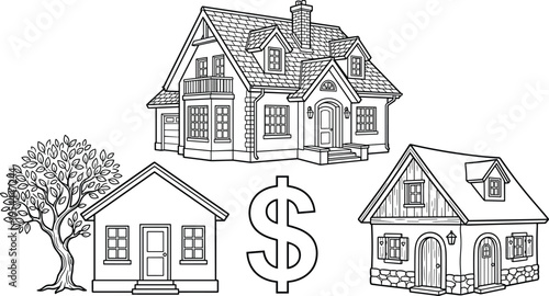 Black and white line art illustrating diverse residential properties and a dollar sign, symbolizing the financial journey and investment decisions in the world of real estate