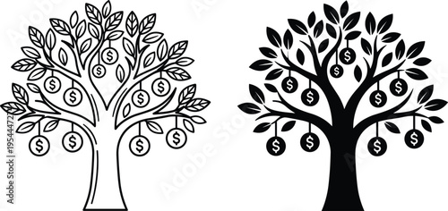 Money Tree Illustration - A Symbol of Wealth and Financial Growth, Represented by a Tree Adorned with Coins