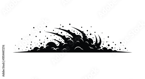 Black explosion or impact graphic with scattered debris and particles
