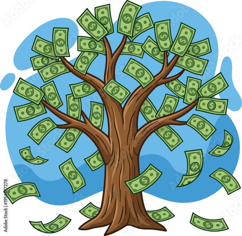 A Money Tree Symbolizing Wealth Growth and Financial Prosperity, Abundant with Falling Currency and Lush Greenery