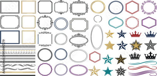 Vector collection of elegant frames, ornamental borders, classic stars, and ornate crowns, ideal for adding vintage charm and sophisticated embellishment to design projects