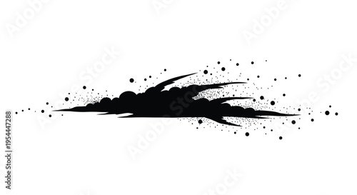 Abstract black ink splatter with scattered dots on a white background