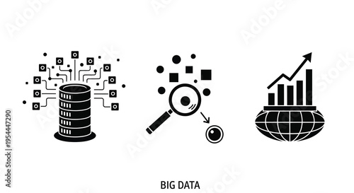 Data analysis server magnifying glass and growth chart silhouette