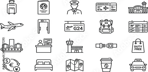 Detailed line art icon set for airport operations and global travel, featuring essential components of air transportation, passenger services, and journey concepts