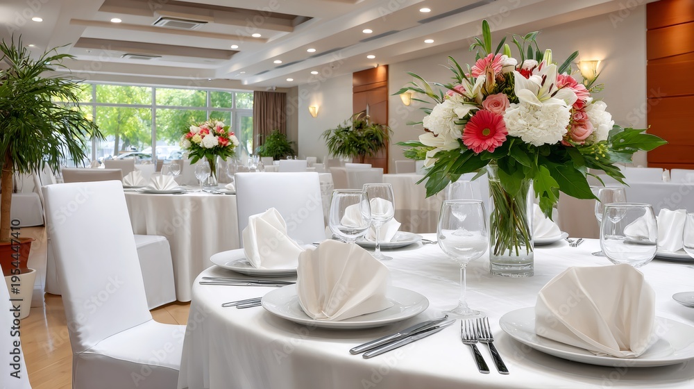 Fototapeta premium Elegant wedding banquet table setting with flowers