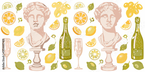 Classical busts citrus fruits and champagne bottles in a colorful pattern