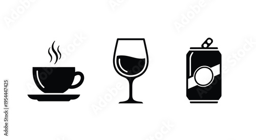 Beverage icons depicting coffee wine and soda in black silhouette