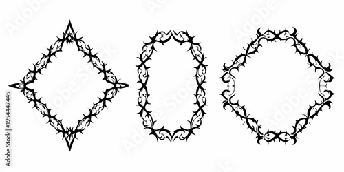 Three black thorn frames in diamond circle and rectangle shapes
