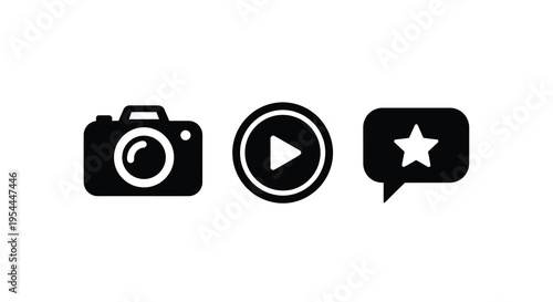 Three black icons representing camera play and favorite silhouette