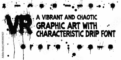 Chaotic black ink splatters and drips forming the letters vr art