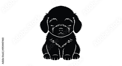 A charming black silhouette of a fluffy puppy sitting peacefully