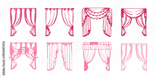 Collection of hand drawn pink curtain designs and drapery styles
