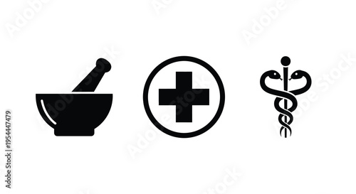 Medical icons featuring a mortar medical cross and caduceus silhouette