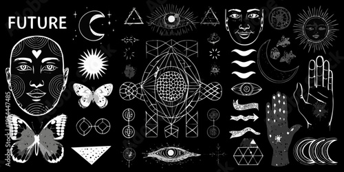 Mystical collage of faces symbols and celestial elements in black and white