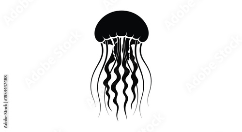 Simple black silhouette of a jellyfish with flowing tentacles