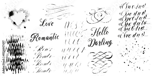Collection of various hand lettered calligraphy designs and romantic phrases