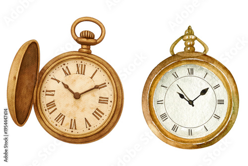 Two open antique vintage retro old classic stop pocket watches with Roman numerals are displayed side by side isolated white background
