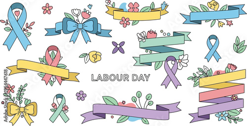 Collection of colorful awareness ribbons, decorative bows, and floral banners perfect for holiday greetings