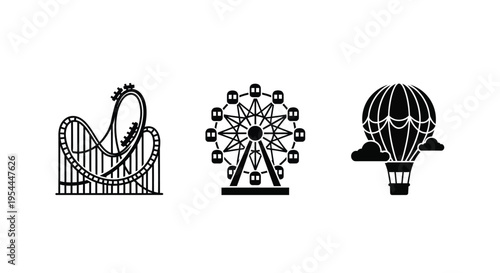 Amusement park icons featuring a roller coaster ferris wheel and balloon silhouette