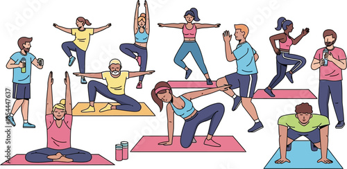 Diverse group of people engaged in various fitness exercises, yoga, and stretching routines promoting a healthy and active lifestyle.