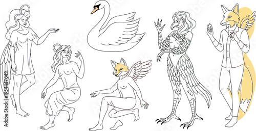 Diverse mythical creatures and fantasy beings portrayed with minimalist line art, featuring elements of human and animal characteristics in a pastel palette.