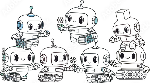 Adorable pastel colored robots with tank treads engaging in friendly interactions and collaborative play representing teamwork and fun.