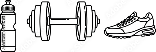 Essential workout gear depicted with a simple graphic style including an athletic shoe, heavy dumbbell, and hydration bottle for exercise.