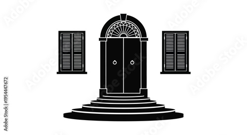 Black and white illustration of a grand arched doorway with steps