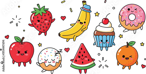 Adorable kawaii fruit and dessert characters having fun together in a playful cartoon collection
