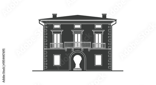 Simple black and white illustration of a classic symmetrical building facade