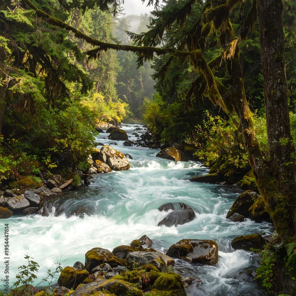 Fototapeta premium A serene and vibrant forest scene with a flowing river