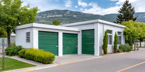 Self-storage facility building with green roll-up doors