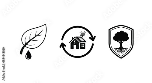 Eco friendly icons depicting nature renewable energy and conservation silhouette