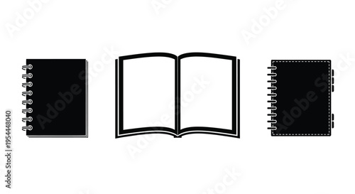 Three notebooks in varying states a simplistic graphic silhouette